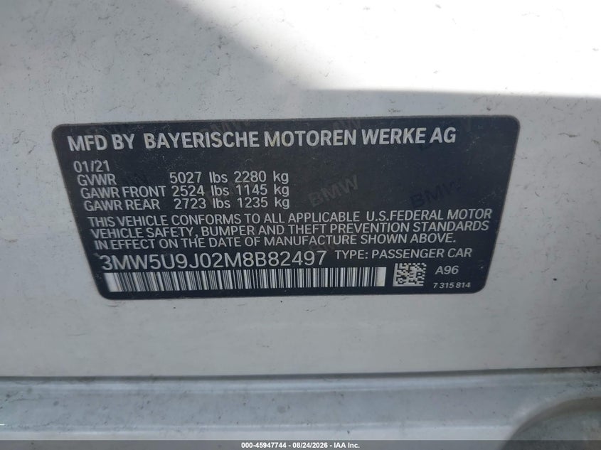 BMW M340I 2021 VIN 3MW5U9J02M8B82497
