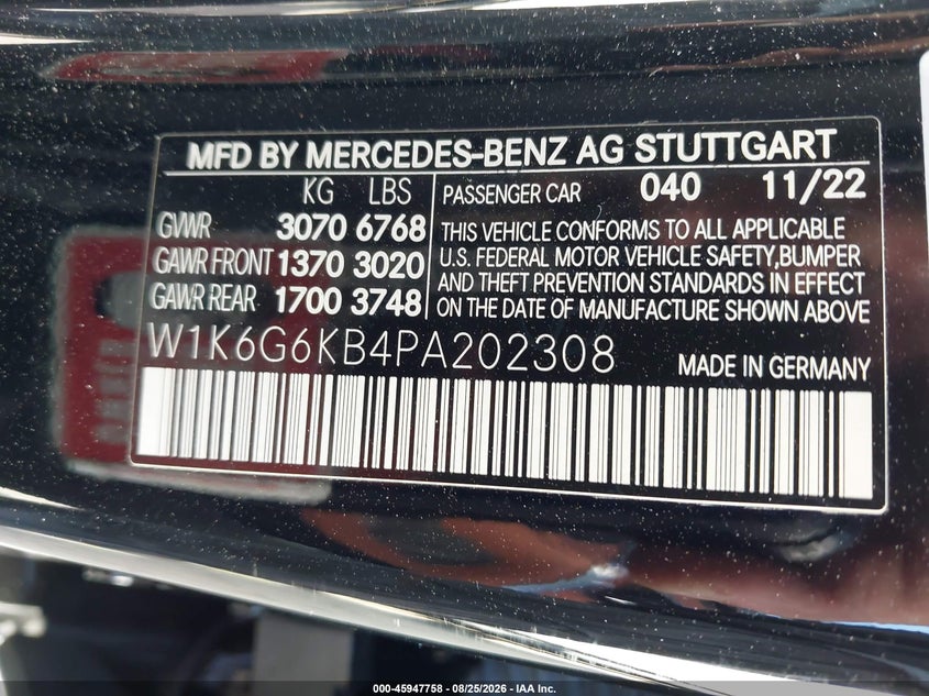 MERCEDES-BENZ S 580E 2023 VIN W1K6G6KB4PA202308