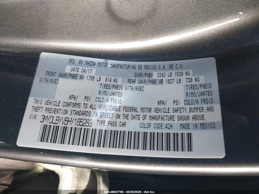 TOYOTA YARIS IA 2017 VIN 3MYDLBYV6HY185288