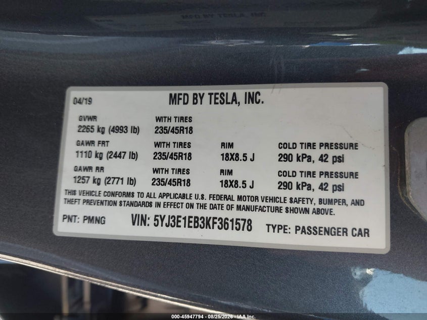 TESLA MODEL 3 2019 VIN 5YJ3E1EB3KF361578