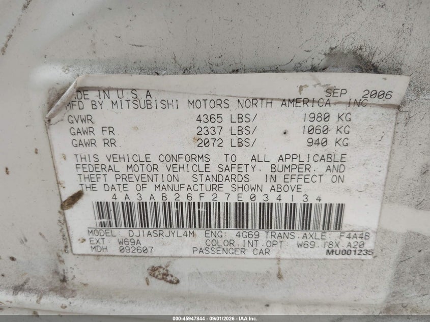 MITSUBISHI GALANT 2007 VIN 4A3AB26F27E034134