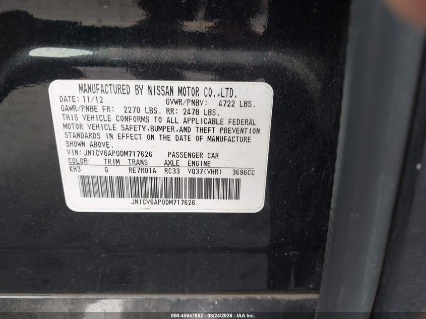 INFINITI G37 2013 VIN JN1CV6AP0DM717626