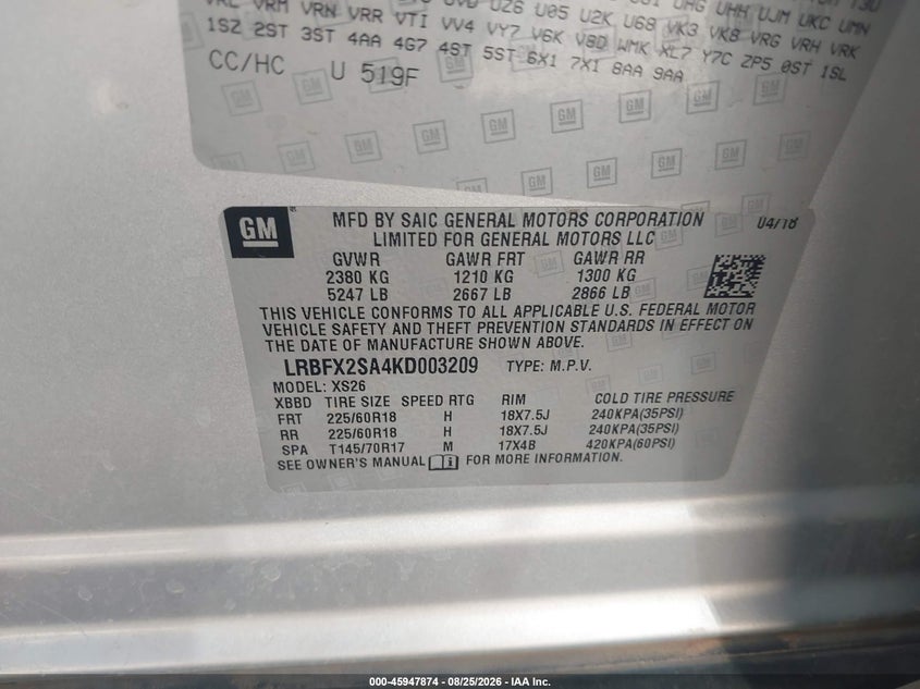 BUICK ENVISION 2019 VIN LRBFX2SA4KD003209