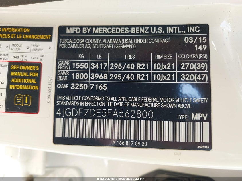 MERCEDES-BENZ GL 550 2015 VIN 4JGDF7DE5FA562800