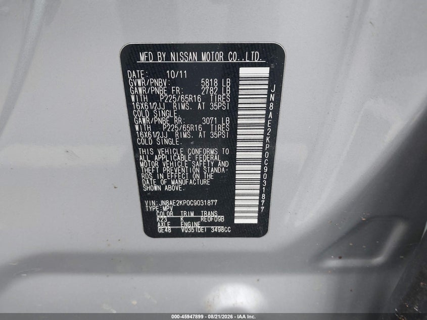 NISSAN QUEST 2012 VIN JN8AE2KP0C9031877