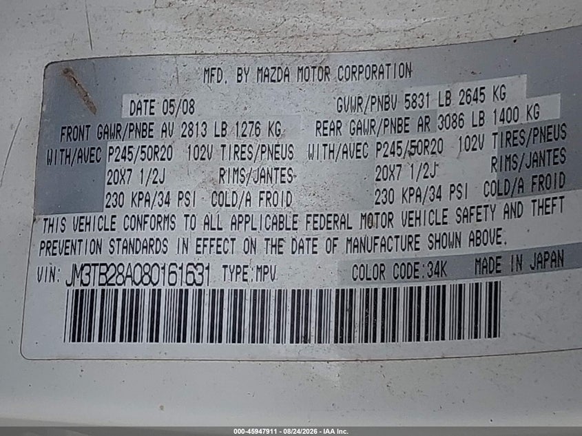 MAZDA CX-9 2008 VIN JM3TB28A080161631
