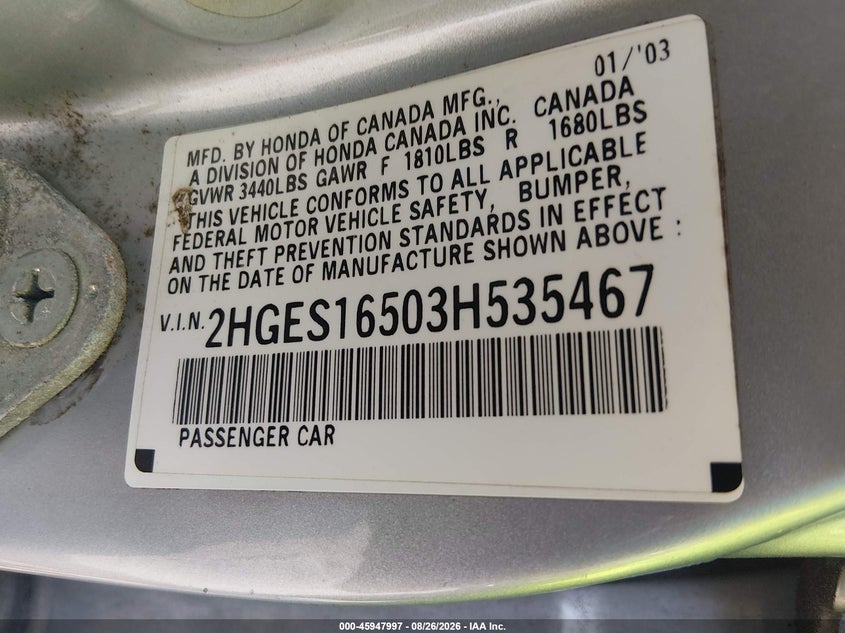 2003 HONDA CIVIC SEDAN 1.7L I-4 115HP