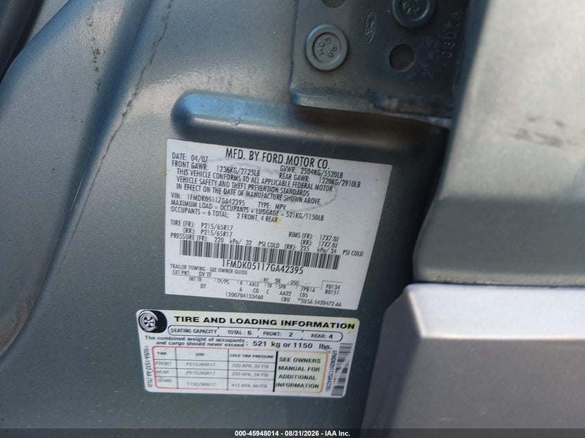 FORD FREESTYLE 2007 VIN 1FMDK05117GA42395