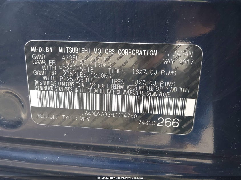 2017 MITSUBISHI OUTLANDER SPORT UTILITY VEHICLE 2.4L I-4 VVT, 166HP
