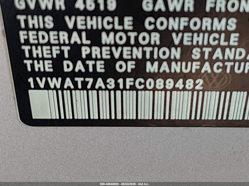 2015 VOLKSWAGEN PASSAT SEDAN 1.8L I-4 DI, DOHC, VVT, TURBO, 170HP