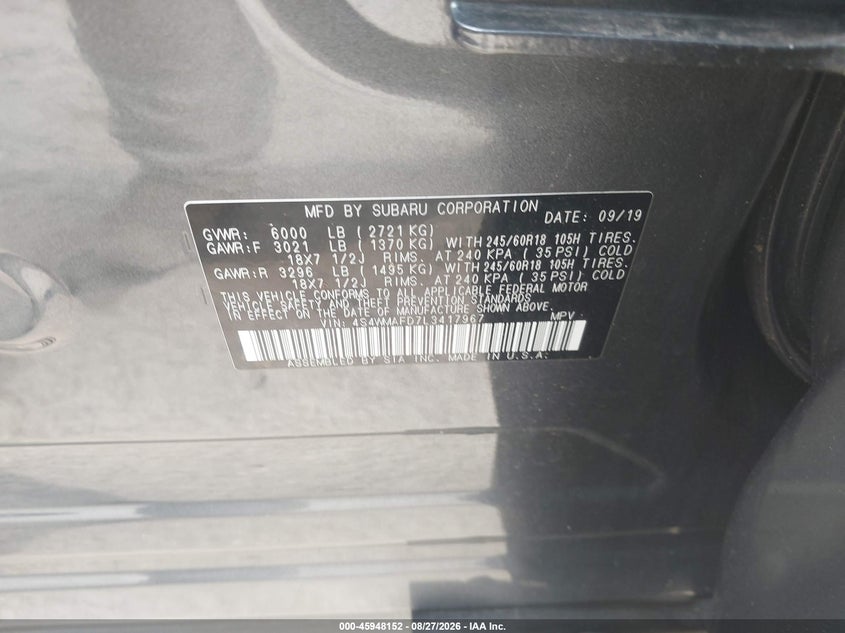 SUBARU ASCENT 2020 VIN 4S4WMAFD7L3417967