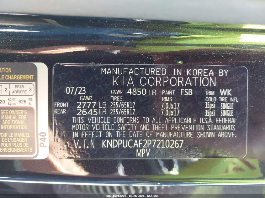 KIA SPORTAGE 2023 VIN KNDPUCAF2P7210267