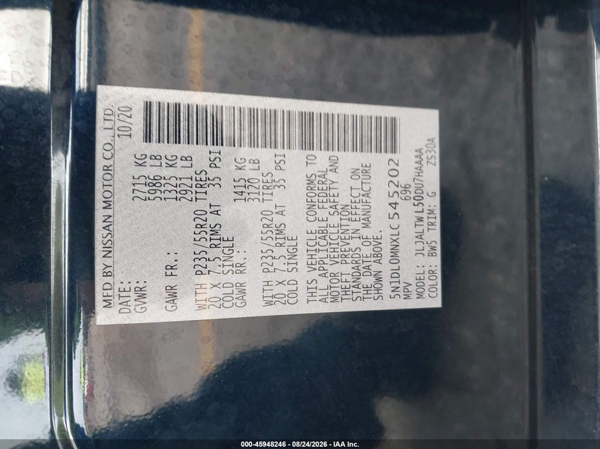 INFINITI QX60 2020 VIN 5N1DL0MNXLC545202