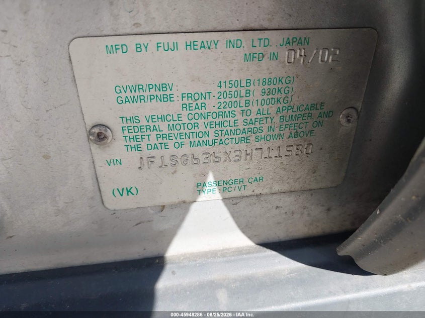 2003 SUBARU FORESTER SPORT UTILITY VEHICLE 2.5L H-4 REGULAR , 165HP