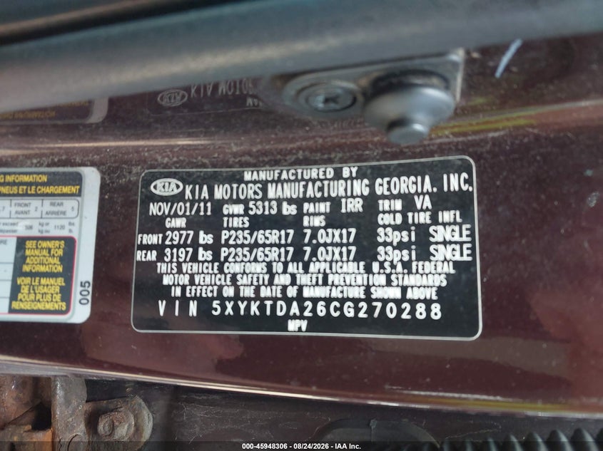 KIA SORENTO 2012 VIN 5XYKTDA26CG270288
