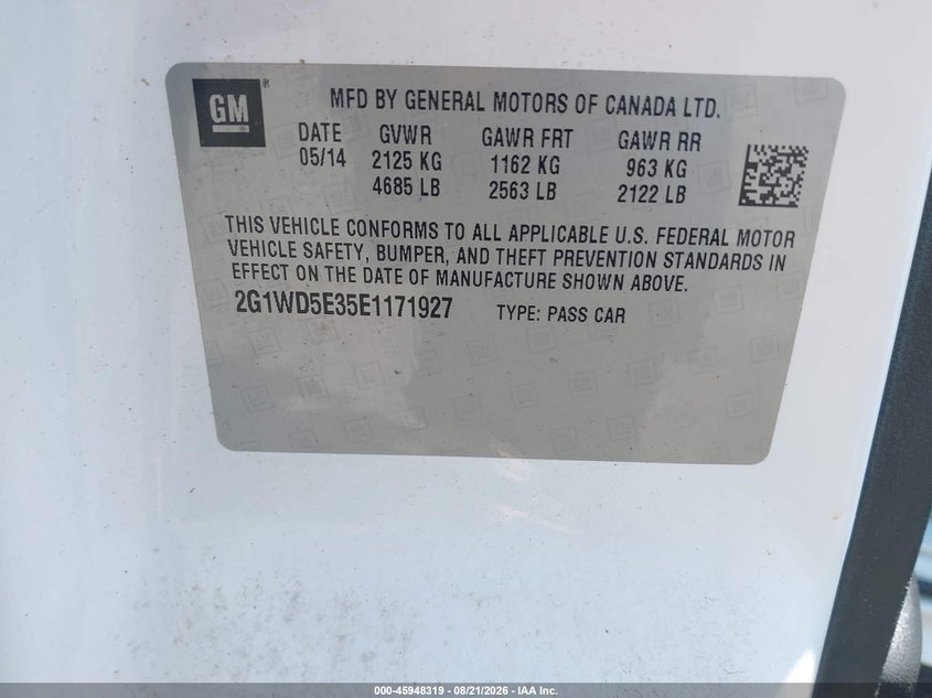 CHEVROLET IMPALA LIMITED 2014 VIN 2G1WD5E35E1171927