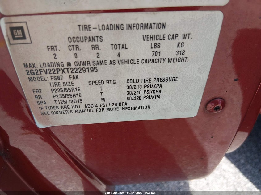 PONTIAC FIREBIRD 1996 VIN 2G2FV22PXT2229195