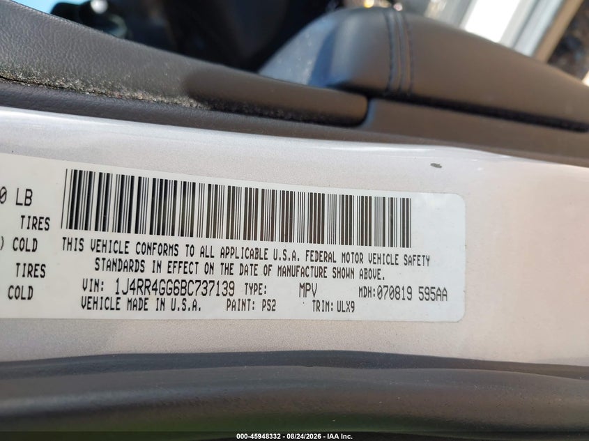 JEEP GRAND CHEROKEE 2011 VIN 1J4RR4GG6BC737139