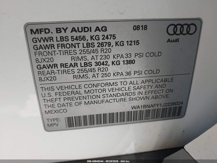 AUDI Q5 2018 VIN WA1BNAFY1J2236024