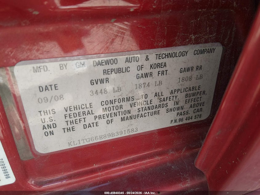 CHEVROLET AVEO 2009 VIN KL1TG66E89B391583