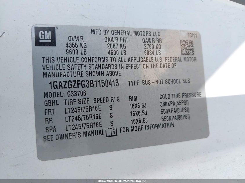 CHEVROLET EXPRESS 3500 2011 VIN 1GAZGZFG3B1150413
