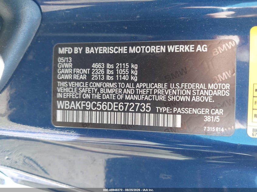 BMW 335I 2013 VIN WBAKF9C56DE672735