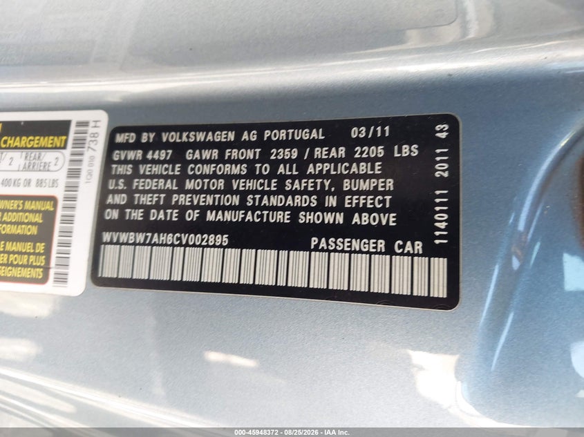 VOLKSWAGEN EOS 2012 VIN WVWBW7AH6CV002895