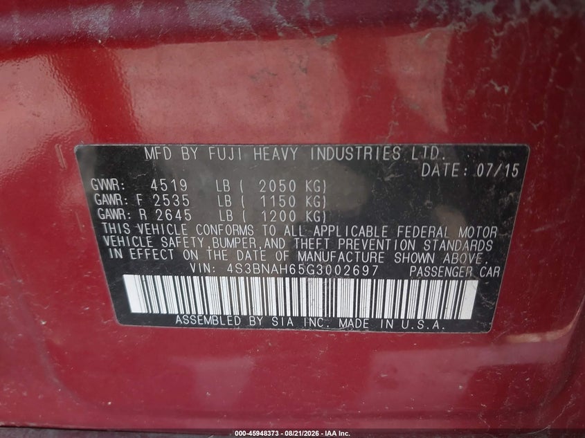 SUBARU LEGACY 2016 VIN 4S3BNAH65G3002697