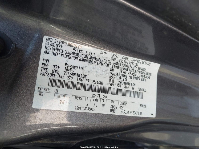 FORD FOCUS 2012 VIN 1FAHP3J24CL195366