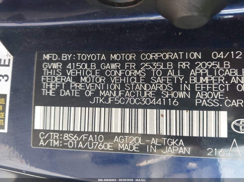 SCION TC 2012 VIN JTKJF5C70C3044116