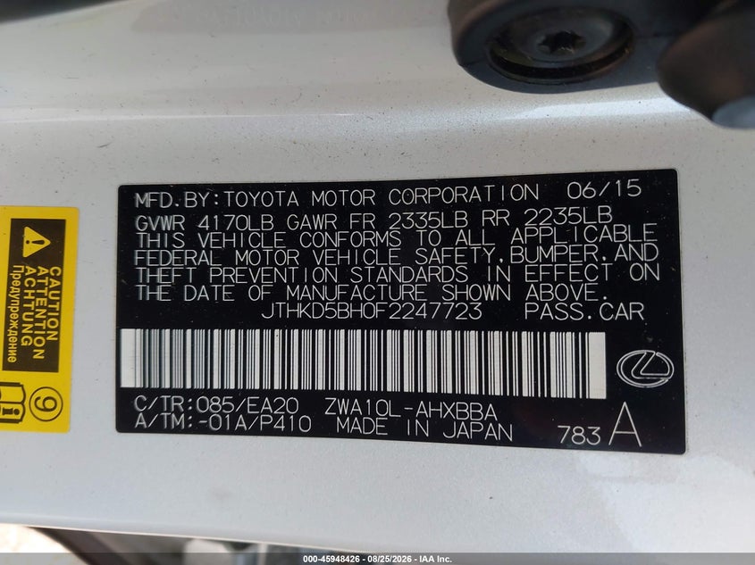 LEXUS CT 200H 2015 VIN JTHKD5BH0F2247723