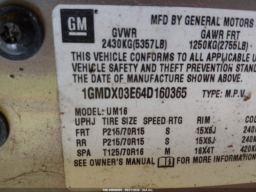 PONTIAC MONTANA 2004 VIN 1GMDX03E64D160365