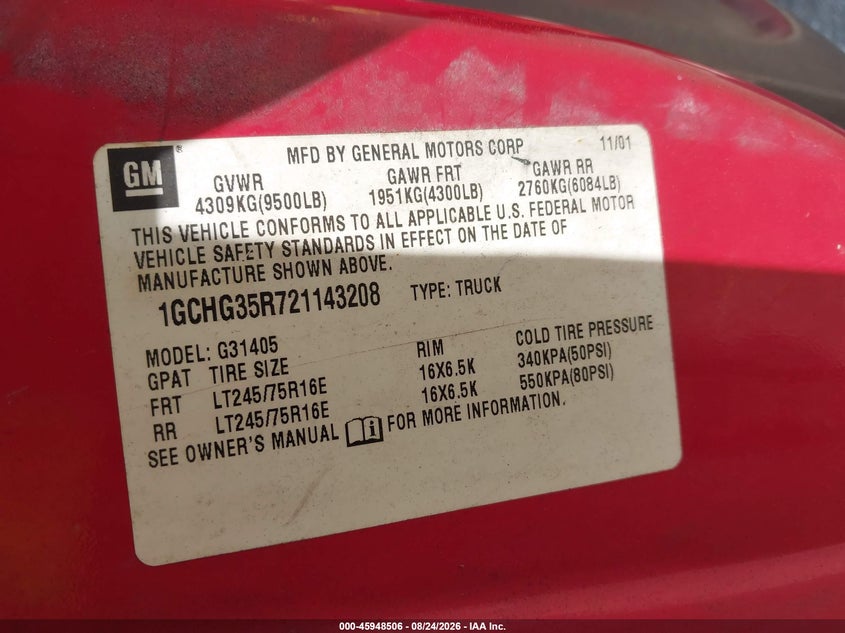 CHEVROLET EXPRESS 2002 VIN 1GCHG35R721143208