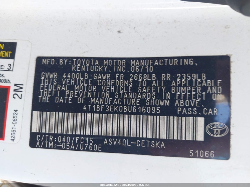 TOYOTA CAMRY 2011 VIN 4T1BF3EK0BU616095