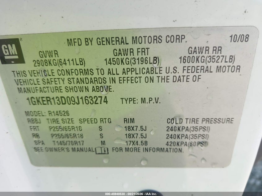 GMC ACADIA 2009 VIN 1GKER13D09J163274