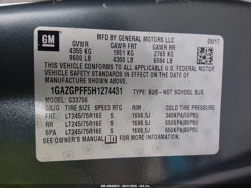 CHEVROLET EXPRESS 3500 2017 VIN 1GAZGPFF5H1274431