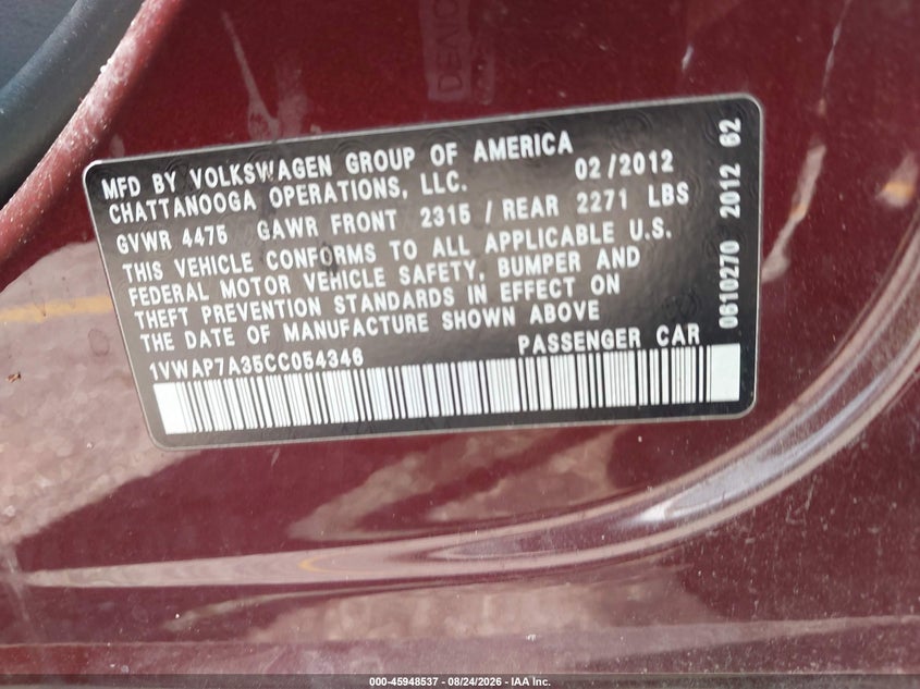 2012 VOLKSWAGEN PASSAT SEDAN 2.5L I-5 DOHC, VVT, 170HP