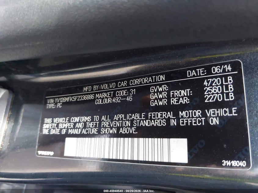 VOLVO S60 2015 VIN YV126MFK5F2336886
