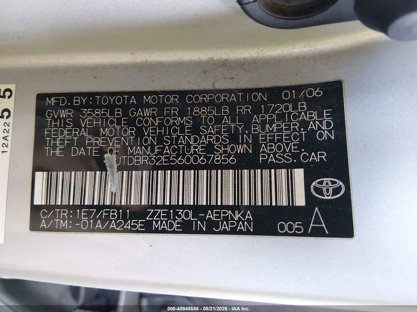 2006 TOYOTA COROLLA SEDAN 1.8L I-4 DOHC, VVT, REGULAR , 126HP