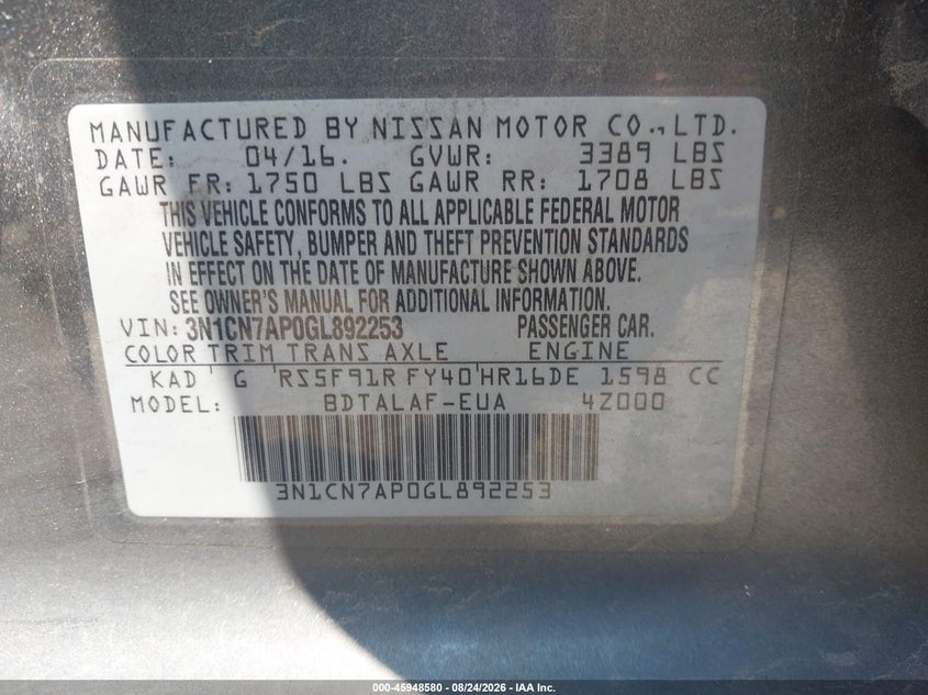 NISSAN VERSA 2016 VIN 3N1CN7AP0GL892253