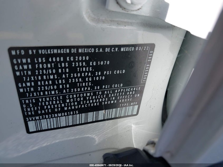VOLKSWAGEN TAOS 2022 VIN 3VVWX7B23NM061815