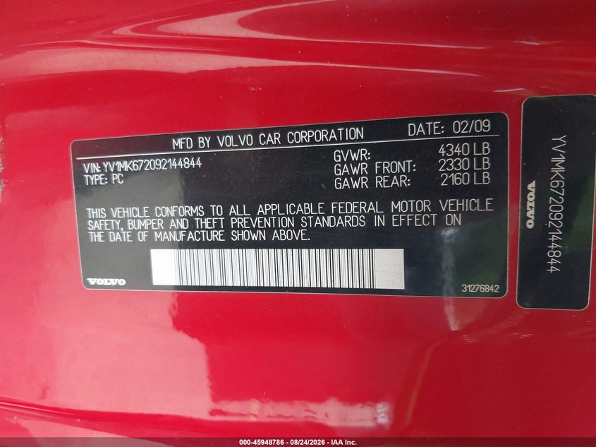 2009 VOLVO C30 HATCHBACK 2.5L I-5 DOHC, VVT, TURBO, 227HP