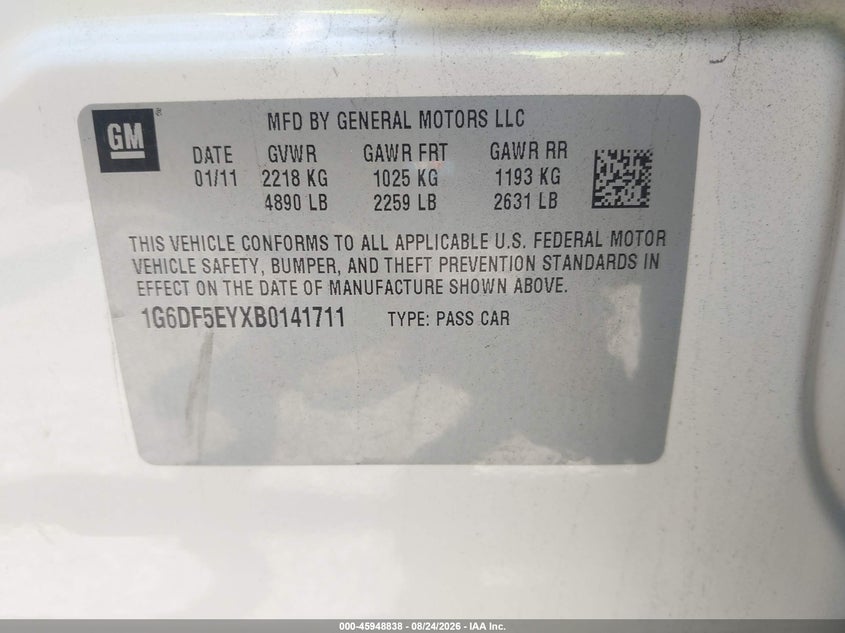 CADILLAC CTS 2011 VIN 1G6DF5EYXB0141711