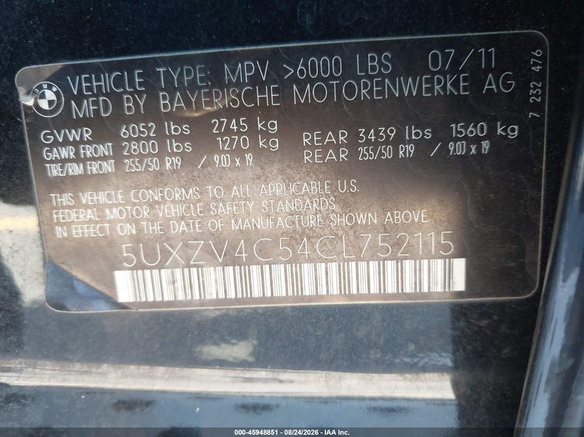 BMW X5 2012 VIN 5UXZV4C54CL752115