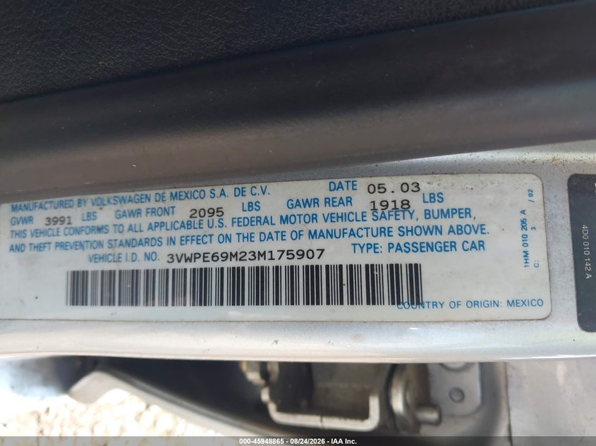2003 VOLKSWAGEN JETTA SEDAN 1.8L I-4 DOHC, TURBO, PREMIUM , 180HP