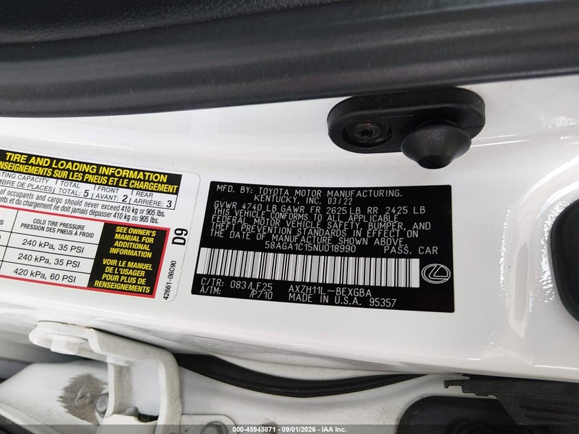 LEXUS ES 300H 2022 VIN 58AGA1C15NU018990