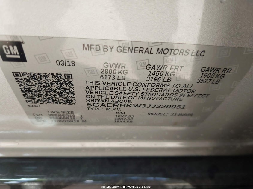 BUICK ENCLAVE 2018 VIN 5GAERBKW3JJ220951