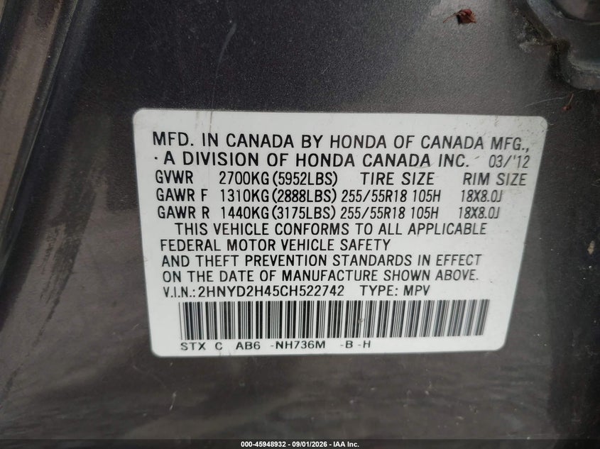 ACURA MDX 2012 VIN 2HNYD2H45CH522742