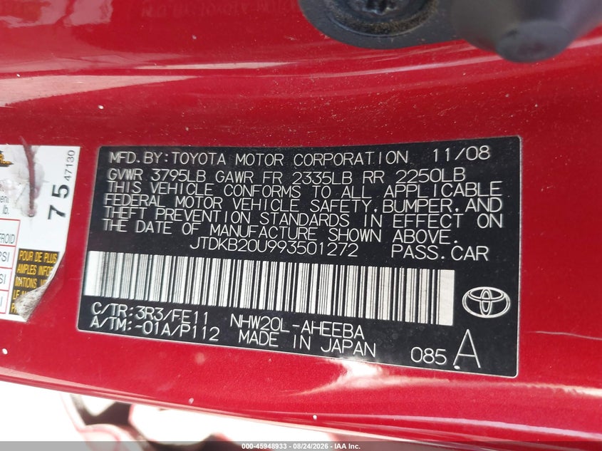 TOYOTA PRIUS 2009 VIN JTDKB20U993501272