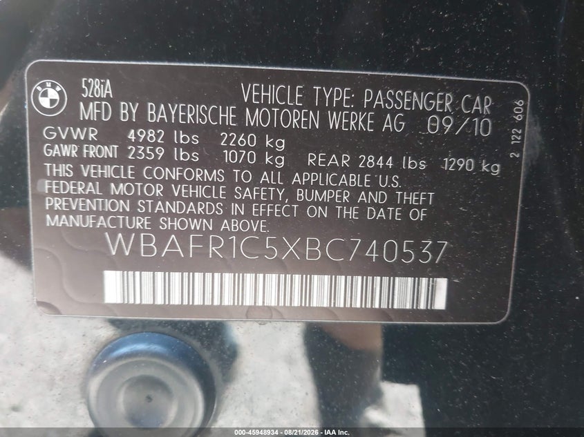 BMW 528I 2011 VIN WBAFR1C5XBC740537